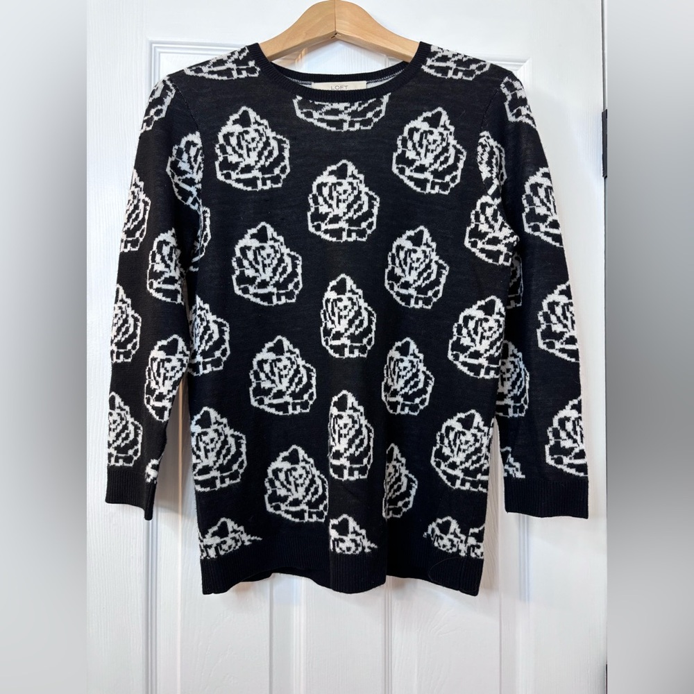 LOFT Black and White Floral Pattern Sweater